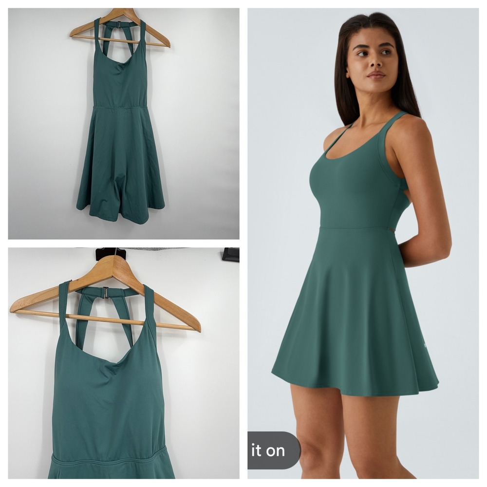 Halara SoftlyZero Airy Backless Twisted Flare Exercise Dress Green Women Size S